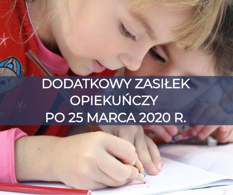 Na zdjęciu jest dwoje dzieci w wieku szkolnym. Jedno z dzieci pisze w zeszycie, a drugie się temu przygląda. Na zdjęcie jest nałożony napis "Dodatkowy zasiłek opiekuńczy po 25 marca 2020 r." 