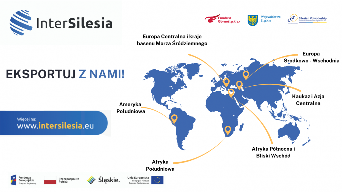 grafika rekalmujaca projekt Intersilesia - przedstawia mapę swiata ze strzałkami wychodzącymi z terenu województwa śląskiego 