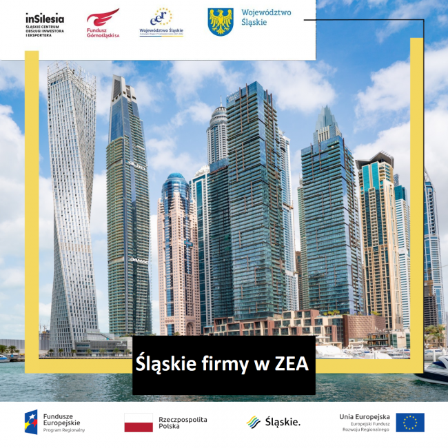 wieżowce w Dubaju w żółtej ramce, grafika zachęca do ekspancji śląskich firm do ZEA 