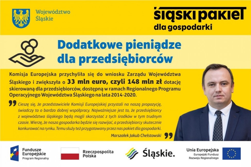 Obraz przedstawia Marszałka Województwa Śląskiego oraz napis "Dodatkowe pieniądze dla przedsiębiorców" 