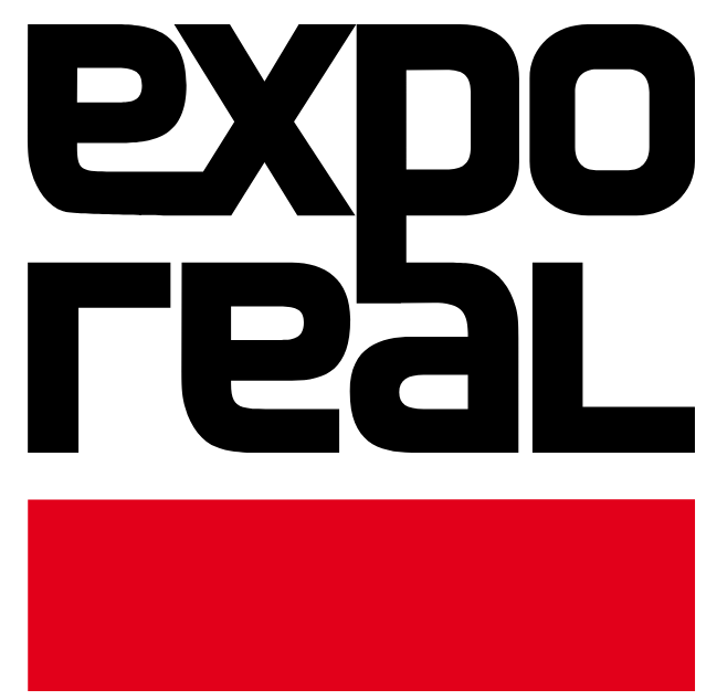 czarne logo expo real na białym tle, na dole czerwony prostokąt 
