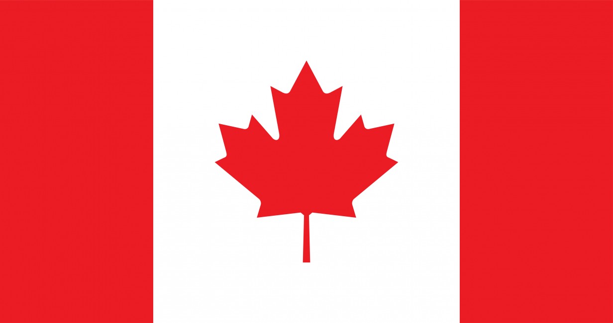 flaga Kanady, czerwony liść klonu na białym tle, z prawej i lewej strony czerwone prostokąty 