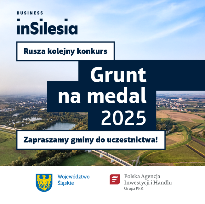 plakat zachęcający do udziału w konkursie. Na dole zielony teren inwestycyjny, na górze błękitne niebo. Logotypy, napis Grunt na medal 2025 