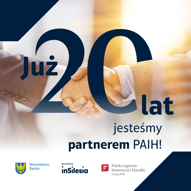 plakat, cyfra i napis to już 20 lat, uścisk dłoni, logotypy 