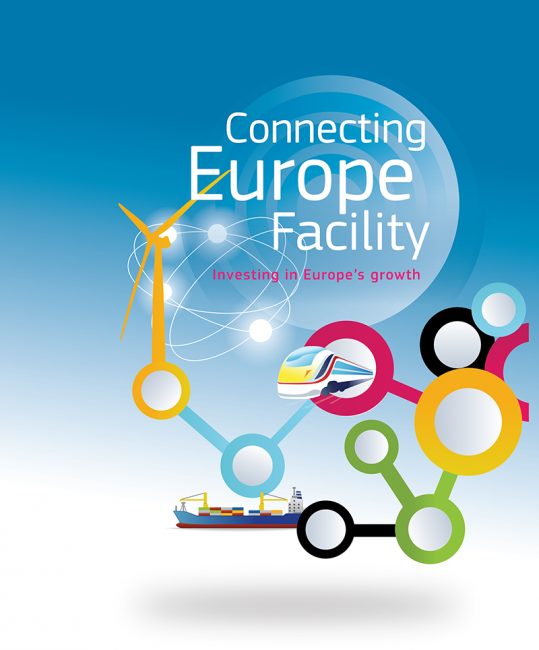 Logo programu Łącząć Europę w wersji angielskiej pod nazwą Connecting Europe Facility 