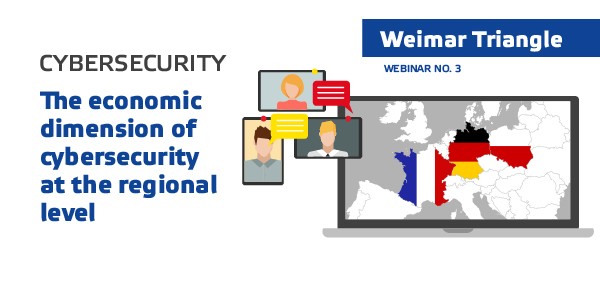 zaproszenie na webinarium nt. cyberbezpieczeństwa przedstawia mapę Europy z zaznaczonymi flagami Francji, Polski i Niemiec 