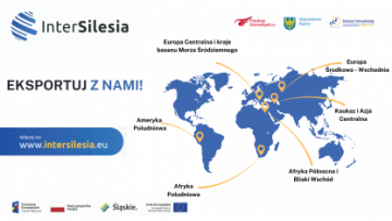 grafika rekalmujaca projekt Intersilesia - przedstawia mapę swiata ze strzałkami wychodzącymi z terenu województwa śląskiego 