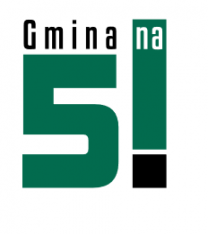 logotyp Gminy na 5, zielona cyfra pięć nad nią słowo Gmina, zielony wykrzyknik z czarną kropką białe słowo na na wykrzykniku 