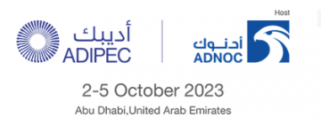 logotypy targów Adipec oraz Adnec oraz data targów napisana po angielsku 2 i 5 october 2023 r. dodatkowo napisy arabskie prawdopodobnie nazw targów 