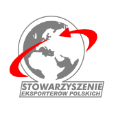 logo Stowarzyszenia Eksporterów Polskich szara kula ziemska z czerwoną strzałką obiegającą Ziemię 