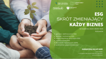 plakat dot. ESG, z lewej strony cztery pary dzieciących rąk trzymających zieloną roślinę, z prawej strony informacje o szkoleniu na zielonym tle 