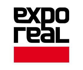 logo Targów Expo Real, czarny napis expo real na białym tle, na dole czerwony prostokąt 