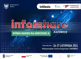 grafika granatowa z czerwonym  pogrubionym  napisem infoshare 