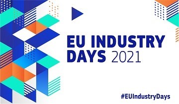 logo wydarzenia : Europejskie Dni Przemysłu 2021 przedstawia kolorowe kostki na białym tle 
