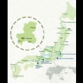 szkic mapy Japonii na zielono z ywszczególnenienm Prefektury Gifu 